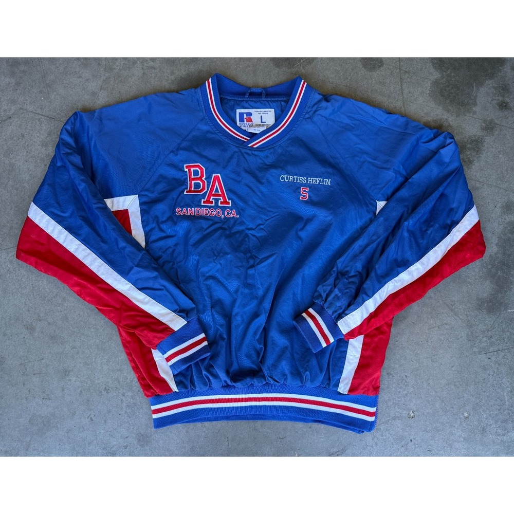 VTG Mens Sz Large Russell Athletic Blue Red Pullover Windbreaker‎ Embroidered